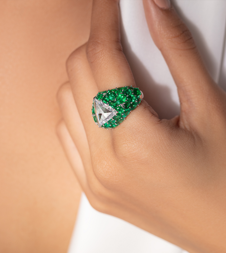 PRISMATI EMERALD AND DIAMOND RING