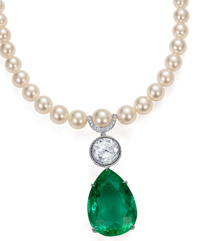 THE HALO OF ALLURE EMERALD, PEARL AND DIAMOND NECKLACE